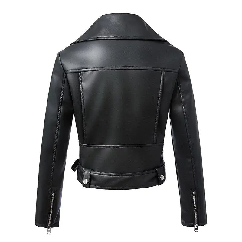 Women's Black Artificial Leather Motorcycle Jacket, Crat Chain, Basic Coat, Lapel, New, Autumn and Winter