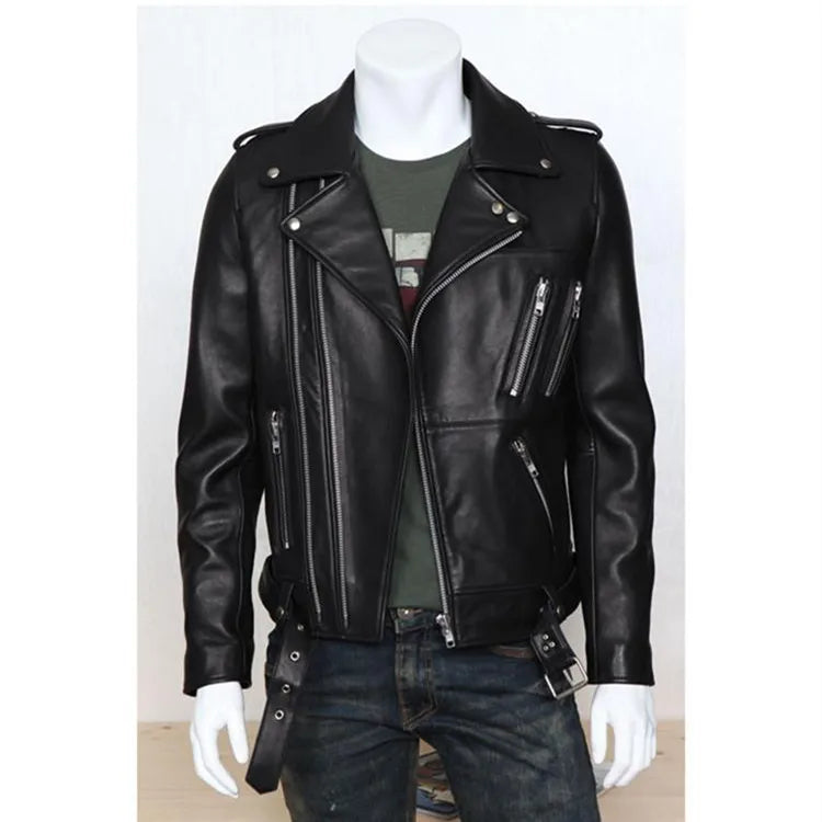 Motorcycle PU Leather Jacket for Men, Multi Zipper, Punk Rock, Roll Collar, Slim Wash, Brand, Fashion, Spring and Autumn