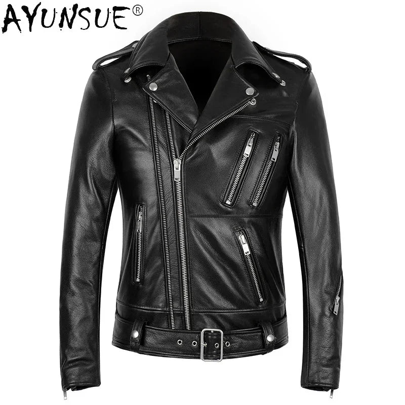 AYUNSUE Genuine Leather Jacket Men 100% Real Cow Coat Biker Motorcycle Autumn Slim Mens s and Coats KJ5096