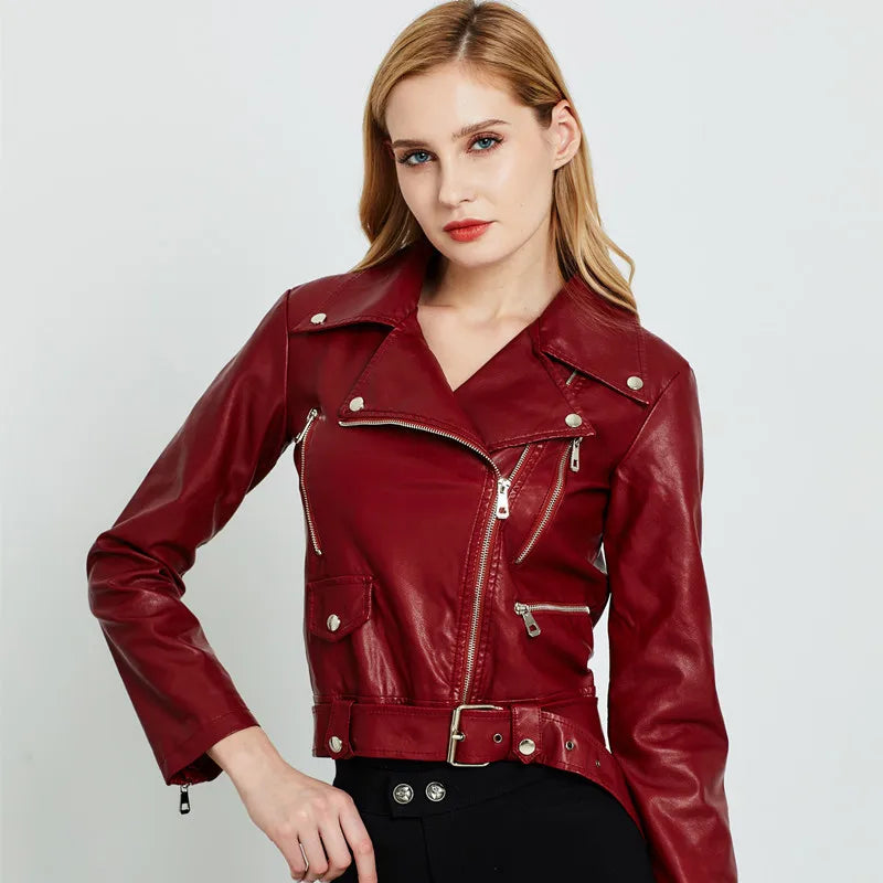 Women's Black Artificial Leather Motorcycle Jacket, Crat Chain, Basic Coat, Lapel, New, Autumn and Winter