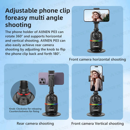 AI Face Tracking Gimbal Mobile Phone Stabilizer, 360 Auto Rotate Selfie Stand for Iphone 15 Pro Max Android, Optional Tripod