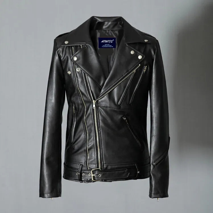 Motorcycle PU Leather Jacket for Men, Multi Zipper, Punk Rock, Roll Collar, Slim Wash, Brand, Fashion, Spring and Autumn