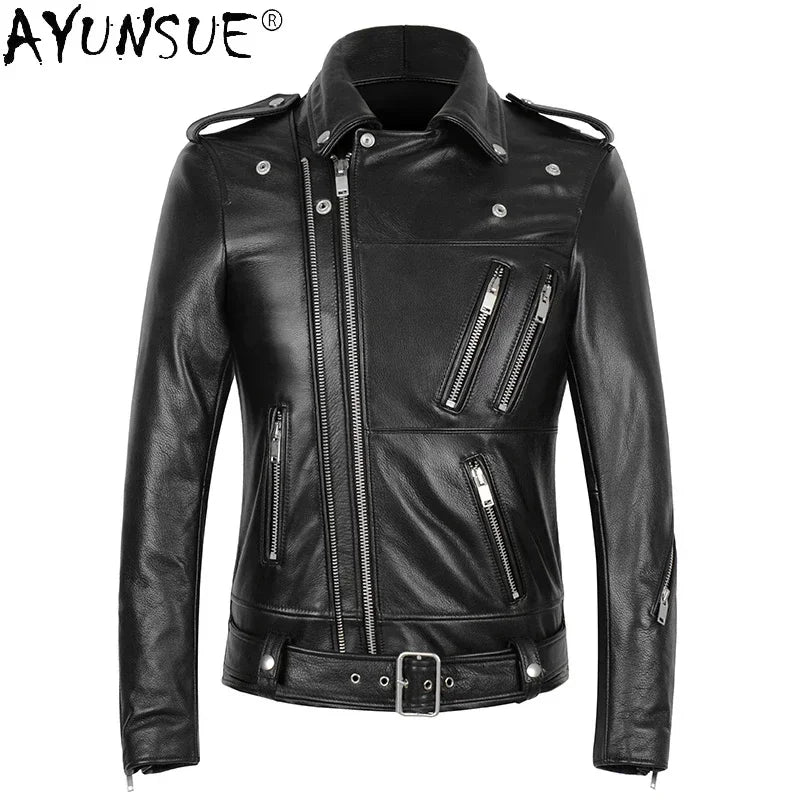 AYUNSUE Genuine Leather Jacket Men 100% Real Cow Coat Biker Motorcycle Autumn Slim Mens s and Coats KJ5096