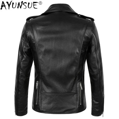 AYUNSUE Genuine Leather Jacket Men 100% Real Cow Coat Biker Motorcycle Autumn Slim Mens s and Coats KJ5096