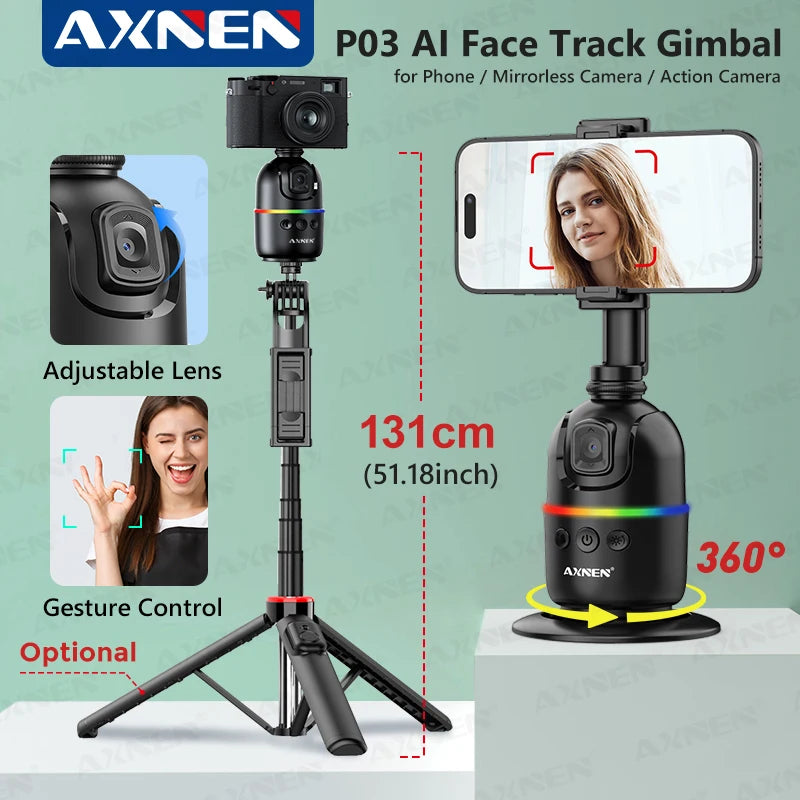 AI Face Tracking Gimbal Mobile Phone Stabilizer, 360 Auto Rotate Selfie Stand for Iphone 15 Pro Max Android, Optional Tripod