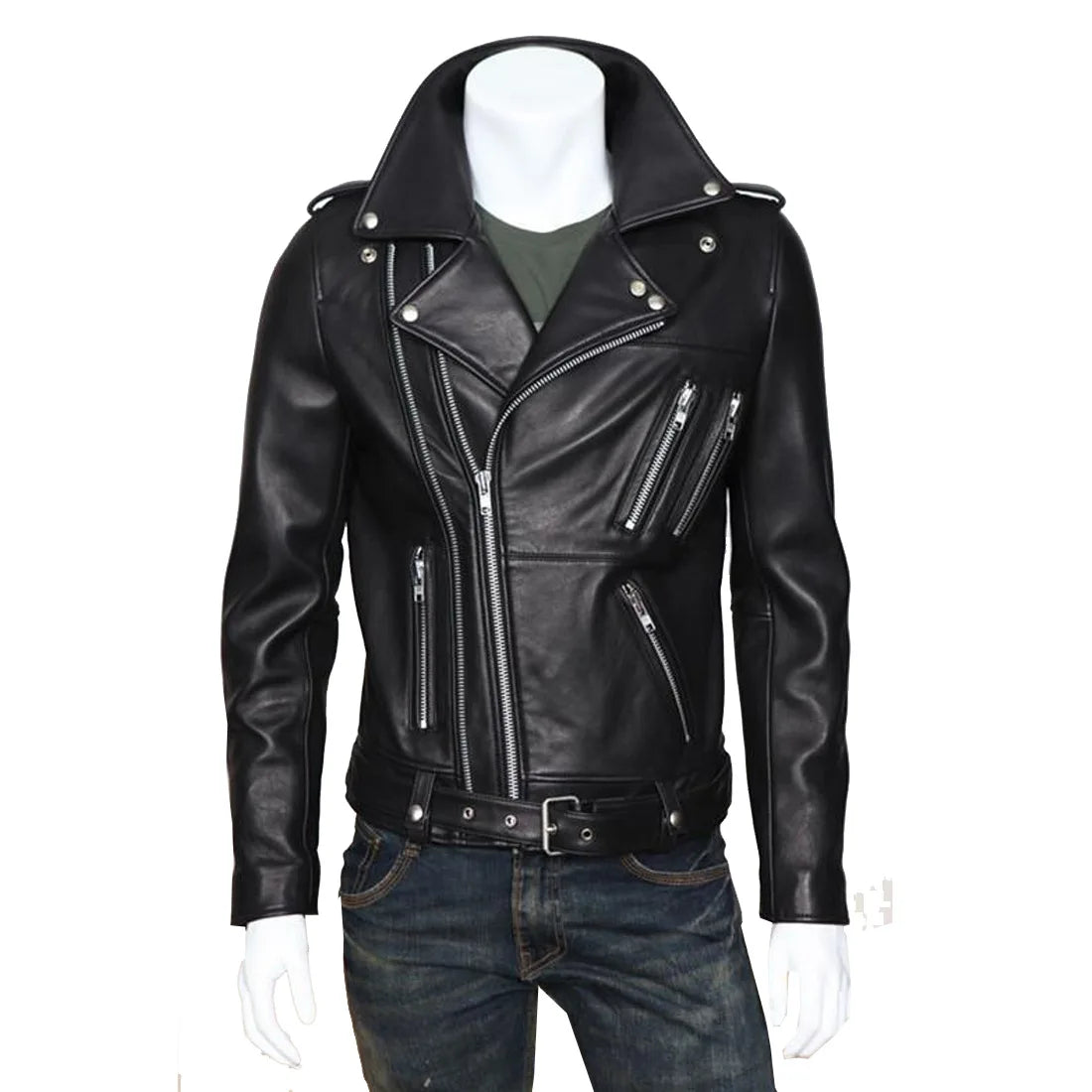 Motorcycle PU Leather Jacket for Men, Multi Zipper, Punk Rock, Roll Collar, Slim Wash, Brand, Fashion, Spring and Autumn