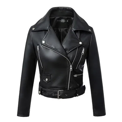 Women's Black Artificial Leather Motorcycle Jacket, Crat Chain, Basic Coat, Lapel, New, Autumn and Winter