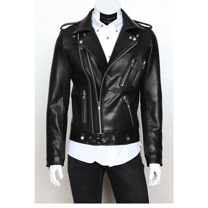 Motorcycle PU Leather Jacket for Men, Multi Zipper, Punk Rock, Roll Collar, Slim Wash, Brand, Fashion, Spring and Autumn