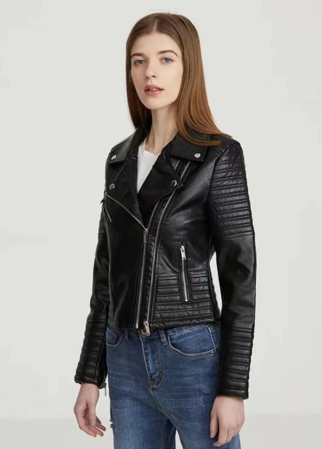 Vintage Women Leather jackets Faux Leather Moto Spring Bomber Jacket Two Zippers Drive Biker Coat PU Windbreak Outwear Autumn